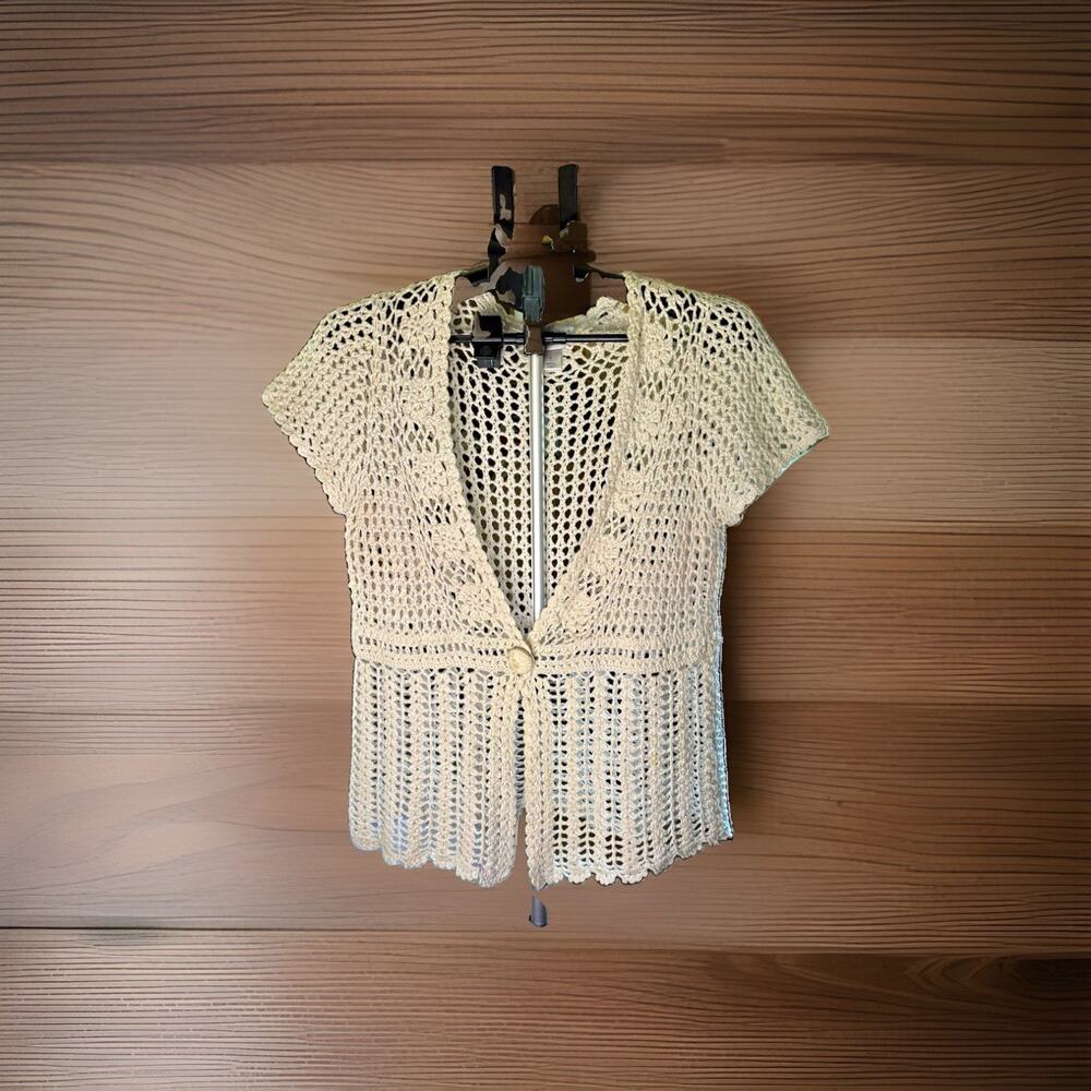 Christopher & Banks Beige Open Knit Crochet V-Neck Short Sleeve Cardigan Size S